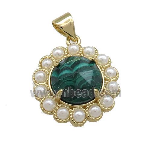 Copper Circle Pendant Pave Green Malachite Pearlized Resin Gold Plated