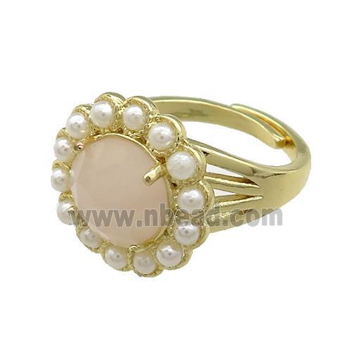 Copper Circle Rings Pave Rose Quartz Pearlized Resin Adjustable Gold Plated