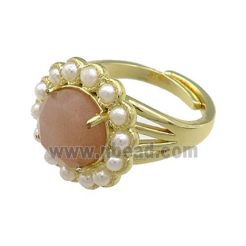 Copper Circle Rings Pave Peach Sunstone Pearlized Resin Adjustable Gold Plated