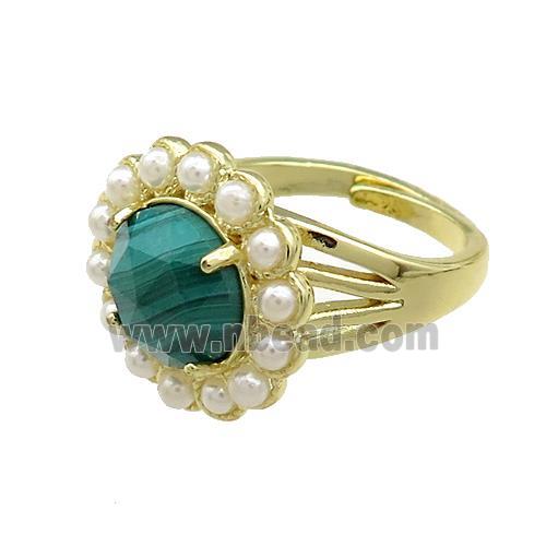 Copper Circle Rings Pave Green Malachite Pearlized Resin Adjustable Gold Plated
