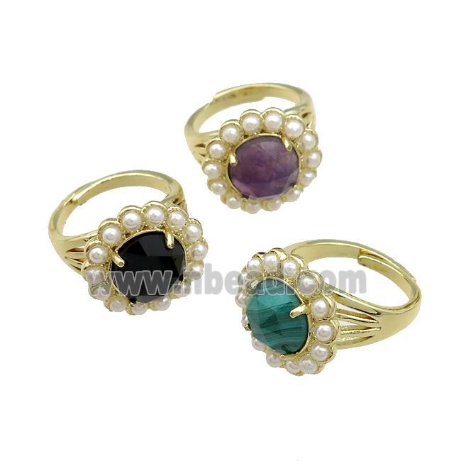 Copper Circle Rings Pave Gemstone Pearlized Resin Adjustable Gold Plated Mixed