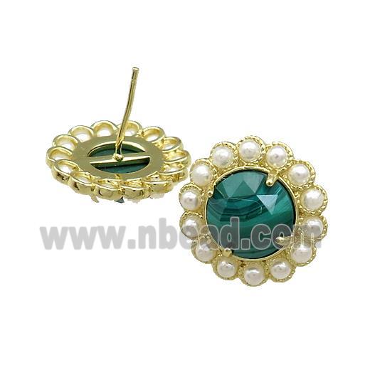 Copper Circle Stud Earrings Pave Green Malachite Pearlized Resin Gold Plated