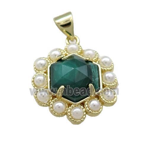 Copper Hexagon Pendant Pave Malachite Pearlized Resin Gold Plated