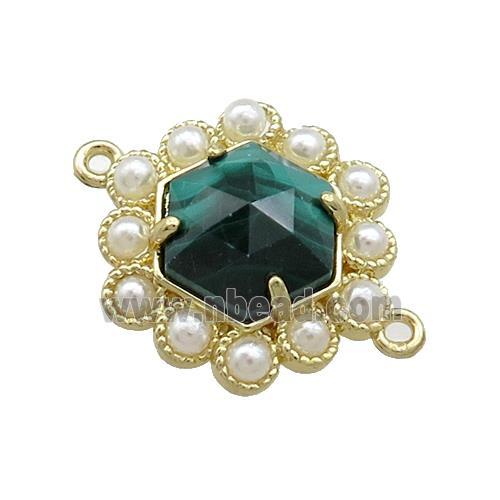 Copper Hexagon Connector Pave Green Malachite Pearlized Resin Gold Plated