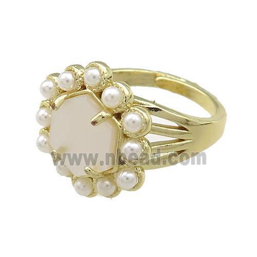 Copper Hexagon Rings Pave White Shell Pearlized Resin Adjustable Gold Plated