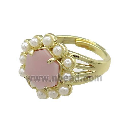 Copper Hexagon Rings Pave Pink Queen Shell Pearlized Resin Adjustable Gold Plated