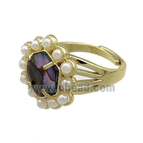 Copper Hexagon Rings Pave Abalone Shell Pearlized Resin Adjustable Gold Plated