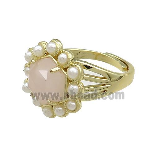 Copper Hexagon Rings Pave Rose Quartz Pearlized Resin Adjustable Gold Plated