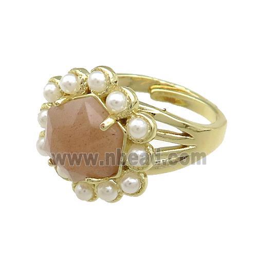 Copper Hexagon Rings Pave Peach Sunstone Pearlized Resin Adjustable Gold Plated