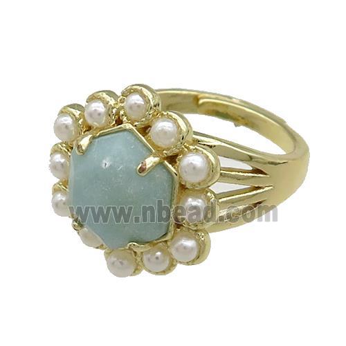 Copper Hexagon Rings Pave Blue Amazonite Pearlized Resin Adjustable Gold Plated