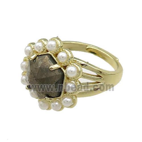 Copper Hexagon Rings Pave Pyrite Pearlized Resin Adjustable Gold Plated