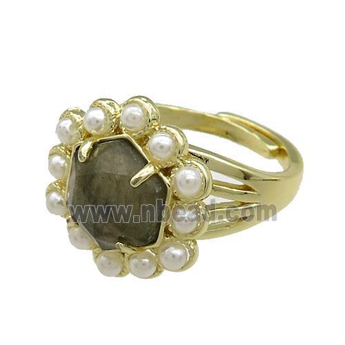 Copper Hexagon Rings Pave Labradorite Pearlized Resin Adjustable Gold Plated