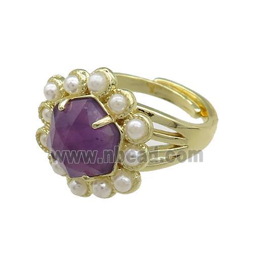 Copper Hexagon Rings Pave Purple Amethyst Pearlized Resin Adjustable Gold Plated
