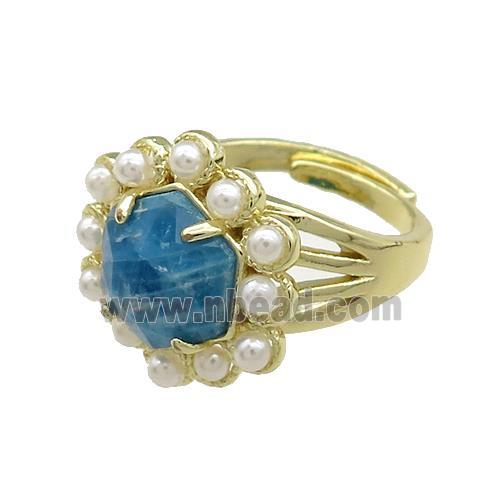 Copper Hexagon Rings Pave Blue Apatite Pearlized Resin Adjustable Gold Plated
