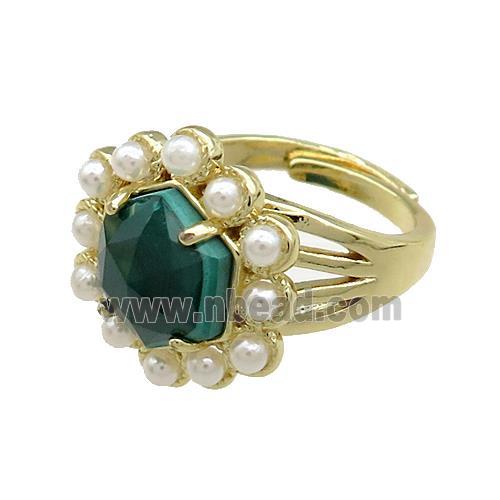 Copper Hexagon Rings Pave Malachite Pearlized Resin Adjustable Gold Plated