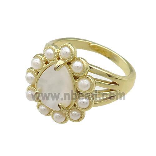 Copper Teardrop Rings Pave White Shell Pearlized Resin Adjustable Gold Plated