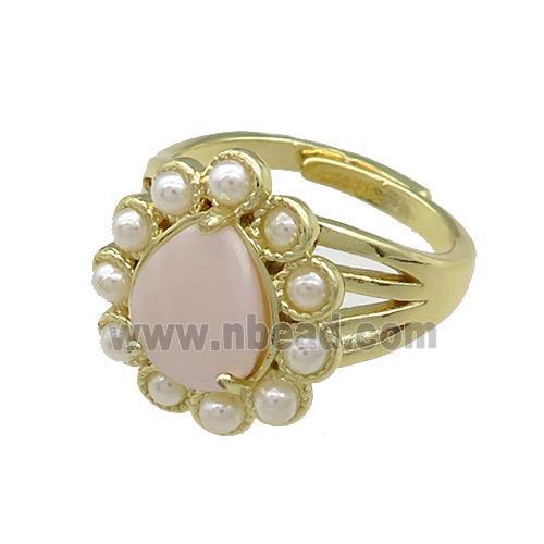 Copper Teardrop Rings Pave Pink Queen Shell Pearlized Resin Adjustable Gold Plated