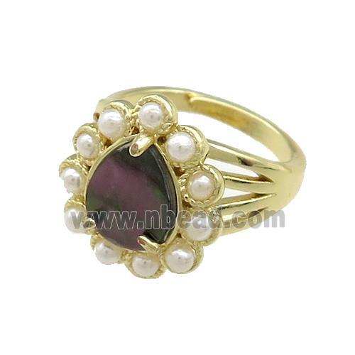 Copper Teardrop Rings Pave Gray Abalone Shell Pearlized Resin Adjustable Gold Plated