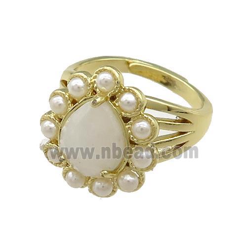 Copper Teardrop Rings Pave White Moonstone Pearlized Resin Adjustable Gold Plated