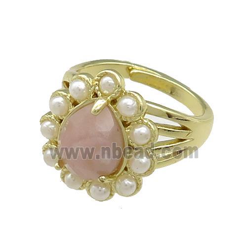 Copper Teardrop Rings Pave Rose Quartz Pearlized Resin Adjustable Gold Plated