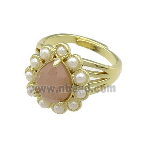Copper Teardrop Rings Pave Peach Sunstone Pearlized Resin Adjustable Gold Plated