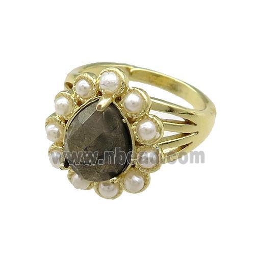 Copper Teardrop Rings Pave Pyrite Pearlized Resin Adjustable Gold Plated