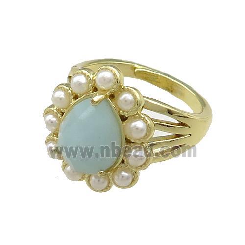Copper Teardrop Rings Pave Blue Amazonite Pearlized Resin Adjustable Gold Plated