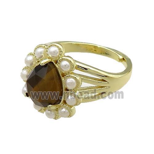 Copper Teardrop Rings Pave Tiger Eye Stone Pearlized Resin Adjustable Gold Plated