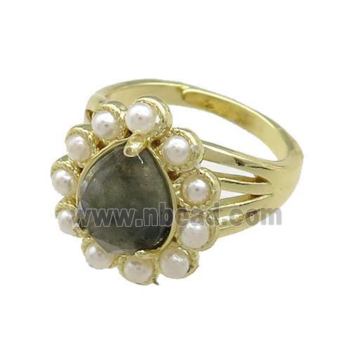 Copper Teardrop Rings Pave Labradorite Pearlized Resin Adjustable Gold Plated