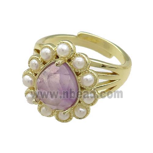 Copper Teardrop Rings Pave Amethyst Pearlized Resin Adjustable Gold Plated