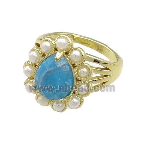 Copper Teardrop Rings Pave Blue Apatite Pearlized Resin Adjustable Gold Plated