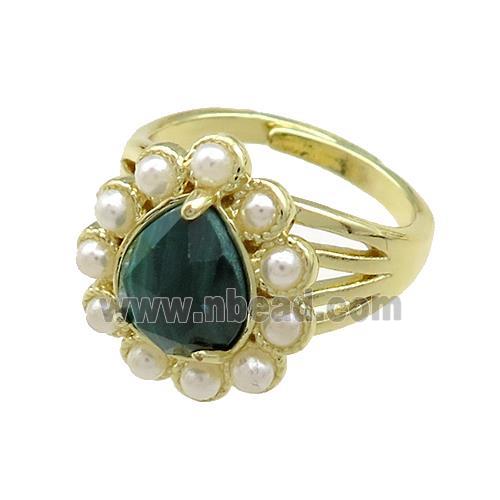 Copper Teardrop Rings Pave Malachite Pearlized Resin Adjustable Gold Plated