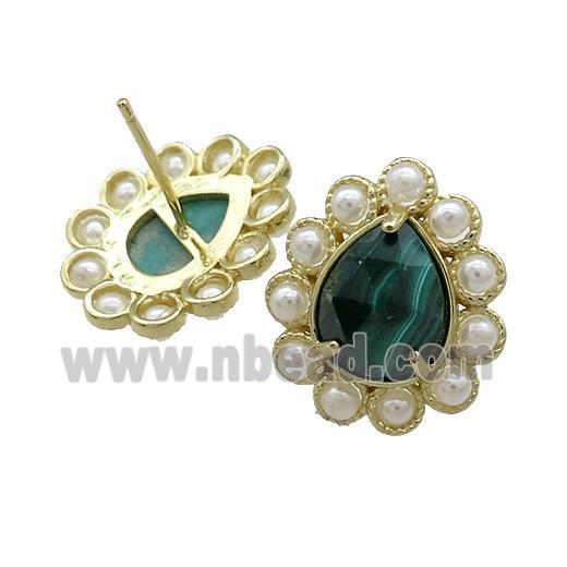 Copper Teardrop Stud Earrings Pave Green Malachite Pearlized Resin Gold Plated