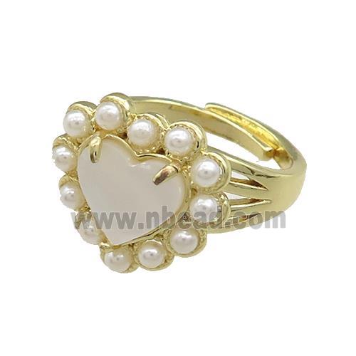 Copper Heart Rings Pave White Shell Pearlized Resin Adjustable Gold Plated