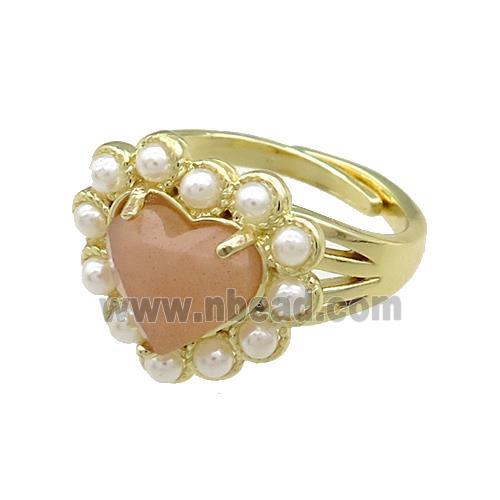 Copper Heart Rings Pave Peach Sunstone Pearlized Resin Adjustable Gold Plated