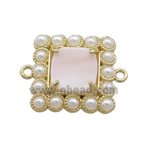 Copper Square Connector Pave Pink Queen Shell Pearlized Resin Gold Plated