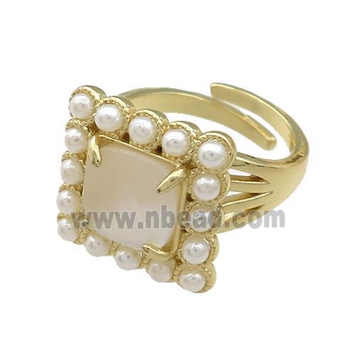 Copper Rings Pave White Shell Pearlized Resin Square Adjustable Gold Plated