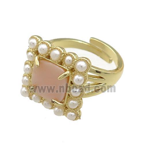 Copper Rings Pave Pink Queen Shell Pearlized Resin Square Adjustable Gold Plated