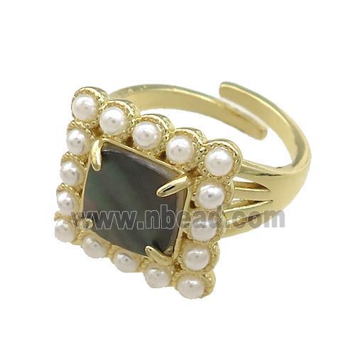 Copper Rings Pave Gray Abalone Shell Pearlized Resin Square Adjustable Gold Plated