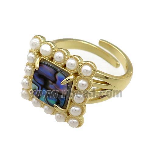 Copper Rings Pave Abalone Shell Pearlized Resin Square Adjustable Gold Plated