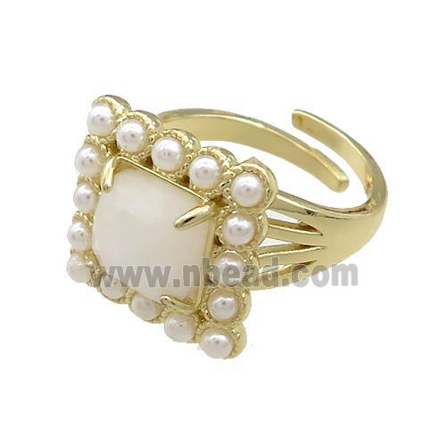 Copper Rings Pave White Moonstone Pearlized Resin Square Adjustable Gold Plated