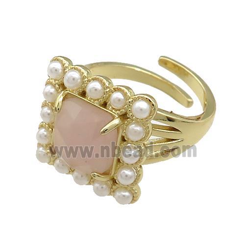 Copper Rings Pave Rose Quartz Pearlized Resin Square Adjustable Gold Plated