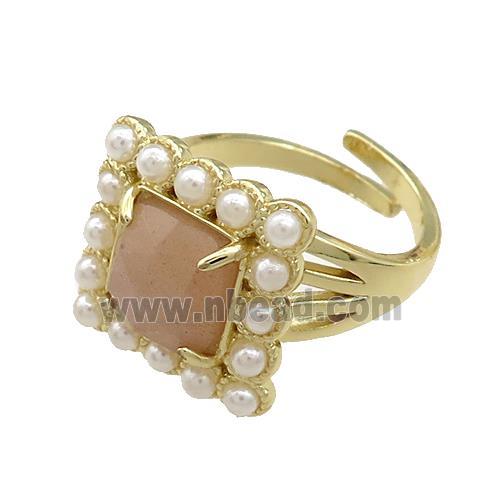 Copper Rings Pave Sunstone Pearlized Resin Square Adjustable Gold Plated