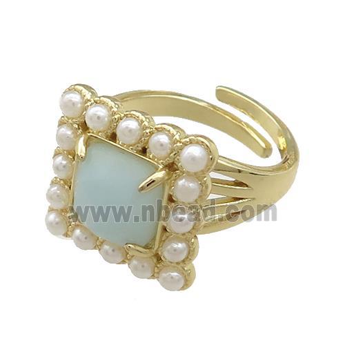 Copper Rings Pave Amazonite Pearlized Resin Square Adjustable Gold Plated