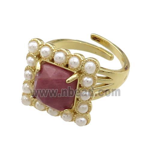 Copper Rings Pave Pink Wood Lace Jasper Pearlized Resin Square Adjustable Gold Plated