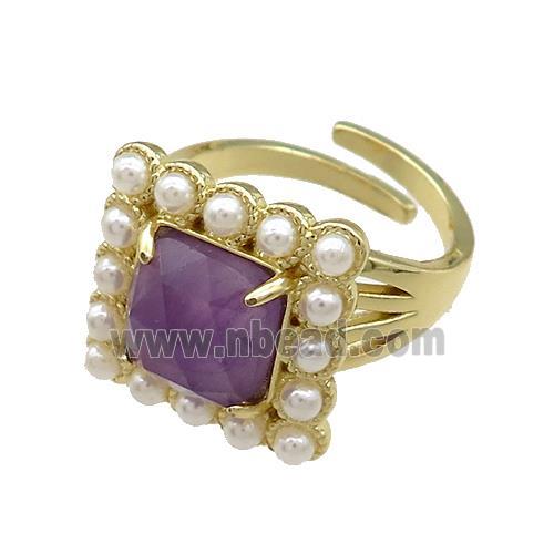 Copper Rings Pave Amethyst Pearlized Resin Square Adjustable Gold Plated