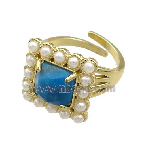Copper Rings Pave Blue Apatite Pearlized Resin Square Adjustable Gold Plated