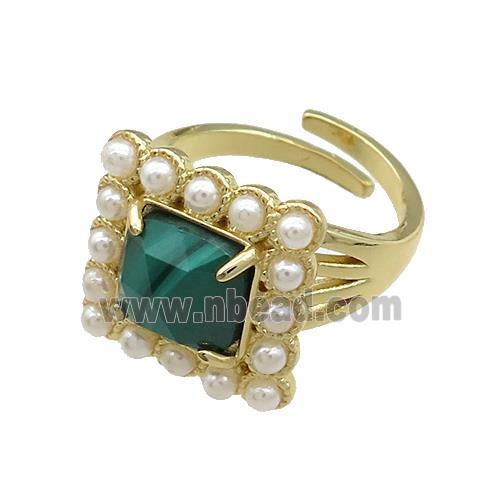 Copper Rings Pave Malachite Pearlized Resin Adjustable Square Gold Plated