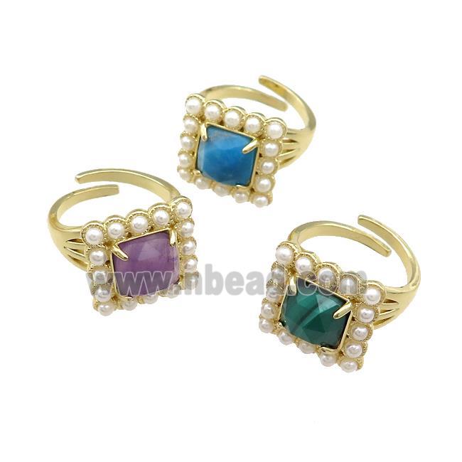 Copper Ring Pave Gemstone Pearlized Resin Square Mixed Adjustable Gold Plated