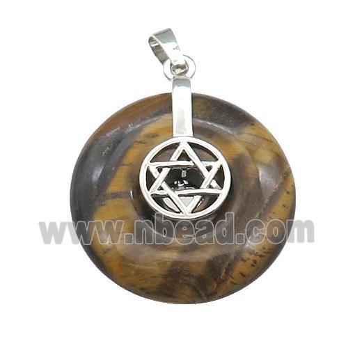 Natural Tiger Eye Stone Donut Pendant With Alloy David Star